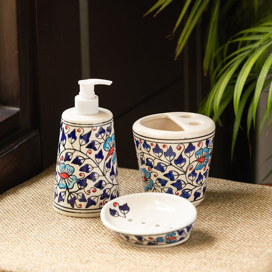 'Floral Feels' Handpainted Bathroom Accessory Set In Ceramic (Liquid Soap Dispenser, Toothbrush Holder, Soap Tray)