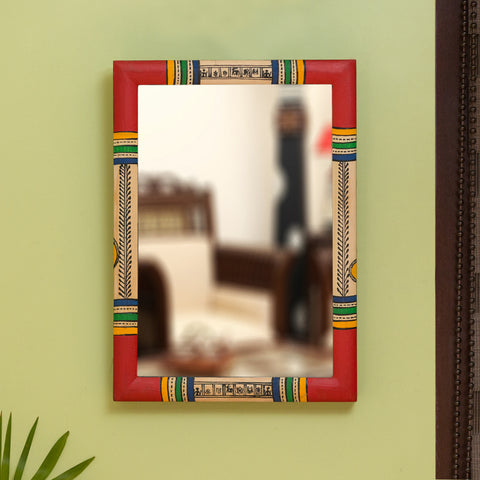 Warli Handpainted Wall Mirror In Pine Wood