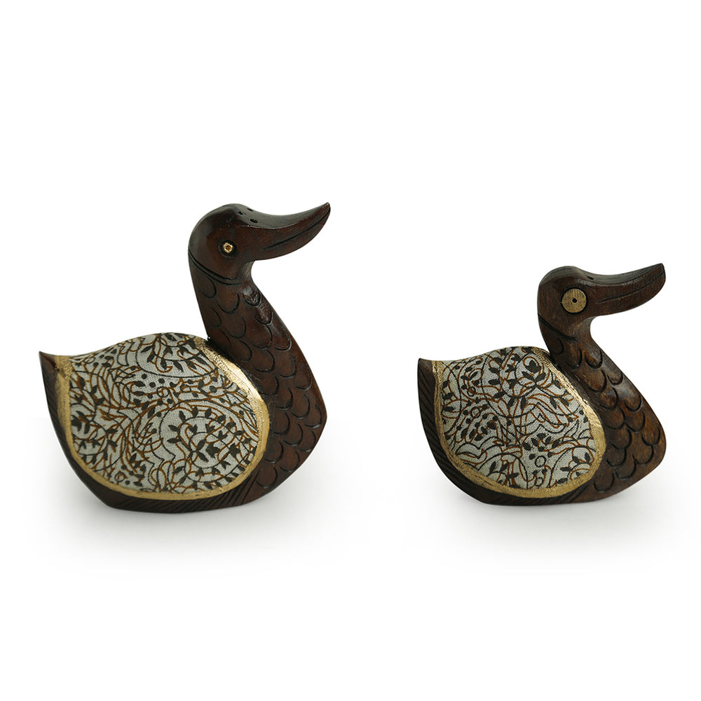 'The Elegant Ducks' Hand Carved & Handpainted Cotton Cloth Showpiece In Eucalyptus Wood (Set of 2)