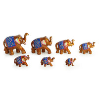 'Seven Tuskers In Brown' Hand Carved & Handpainted Showpiece In Resin (Set of 7)