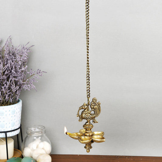 Brass Metal Handcrafted Pancham Chain Hanging Diya (16.2 x 3.5 in)