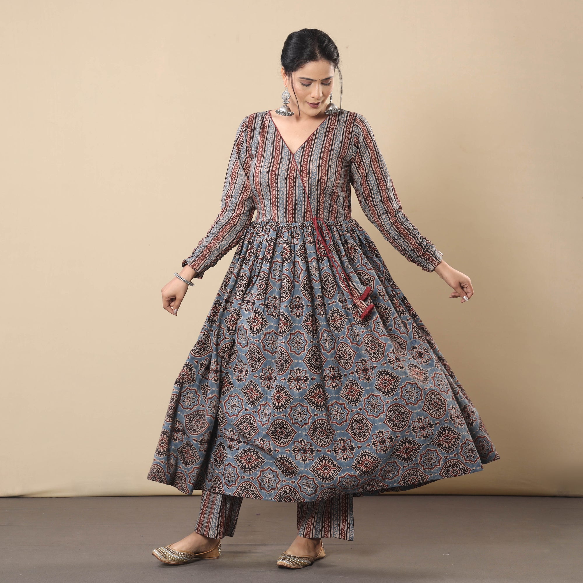 Indigo Red - Ajrakh Block Printed Cotton Flared Gher Kurta with Pant Set 01