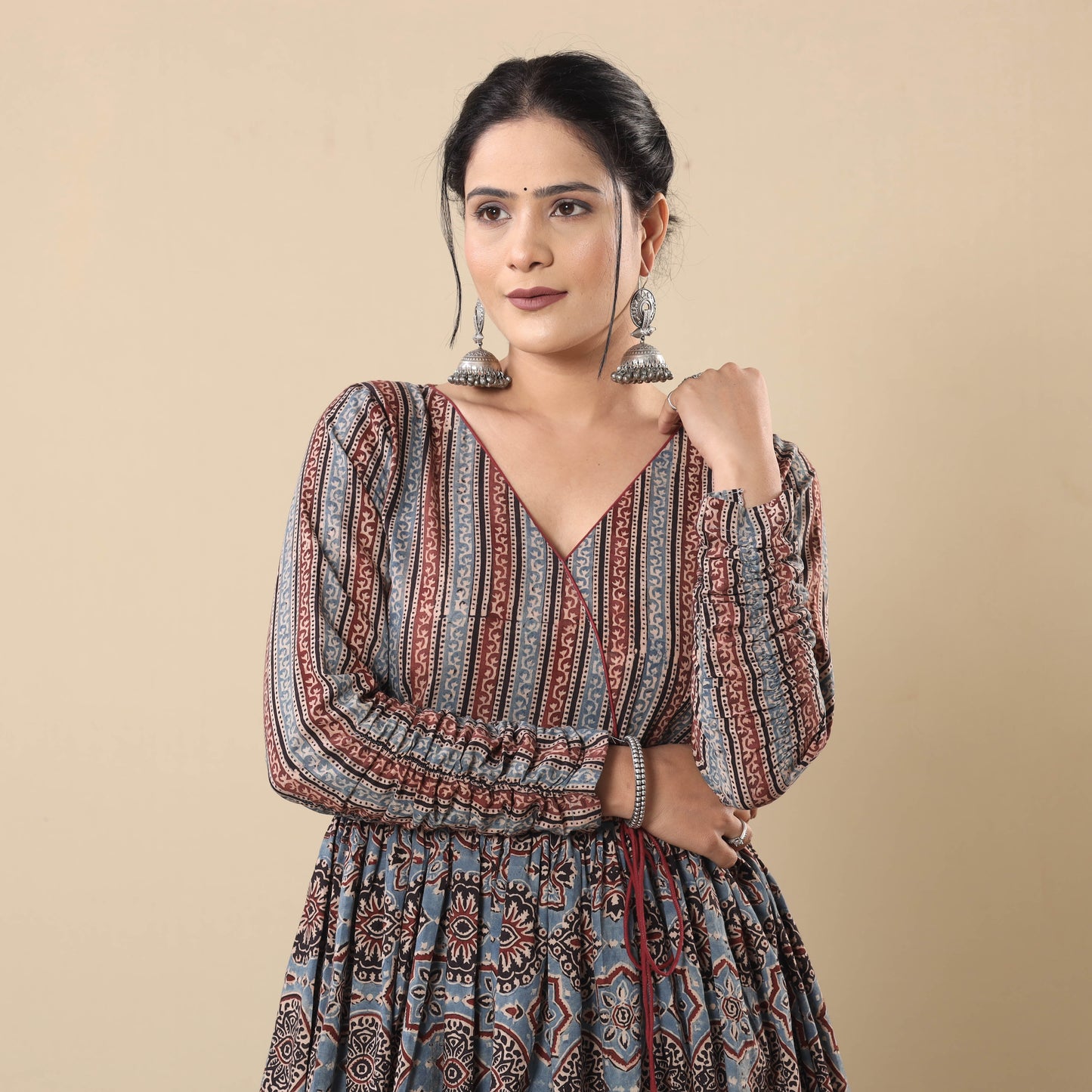 Indigo Red - Ajrakh Block Printed Cotton Flared Gher Kurta with Pant Set 01