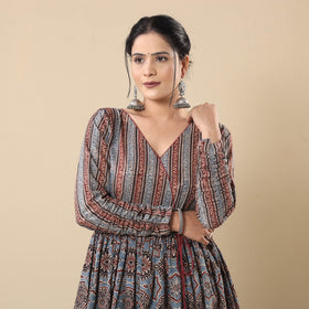 Indigo Red - Ajrakh Block Printed Cotton Flared Gher Kurta with Pant Set 01
