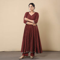 Ajrakh Block Printed Cotton Flared Gher Kurta with Pant Set