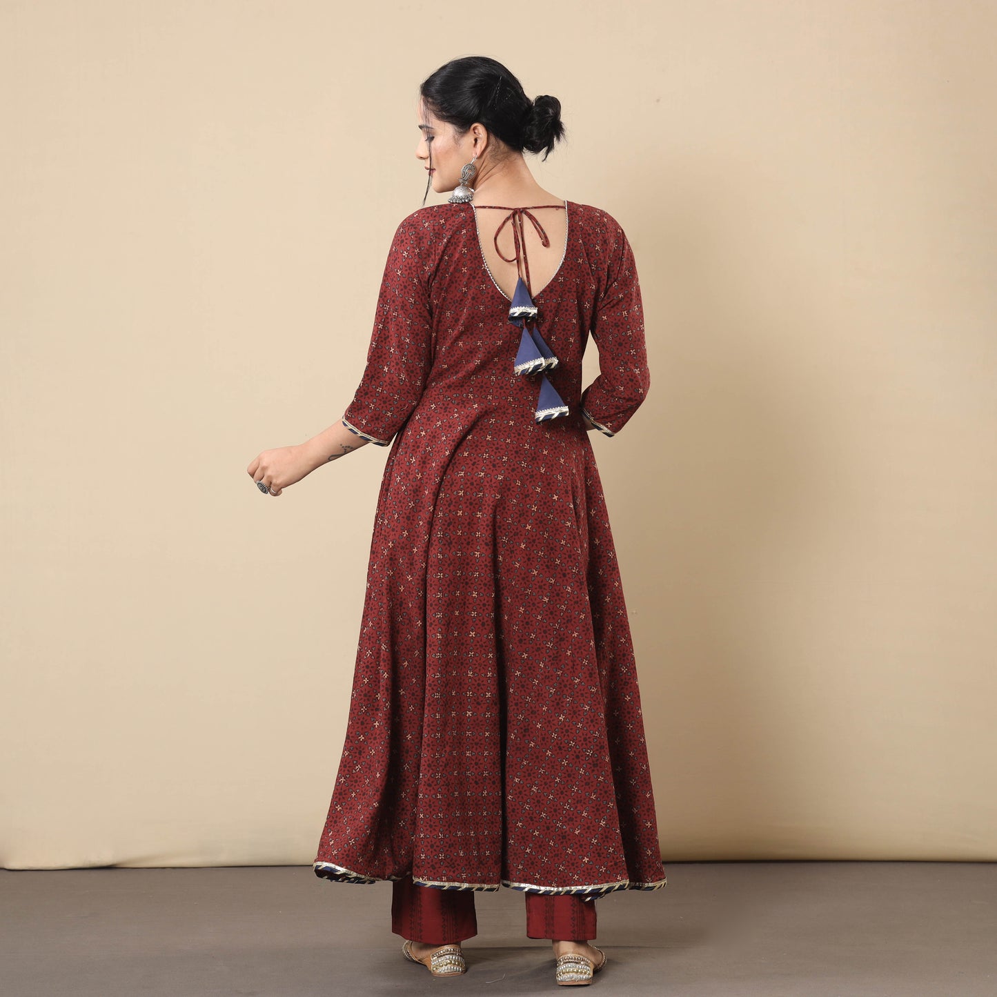 Ajrakh Block Printed Cotton Flared Gher Kurta with Pant Set