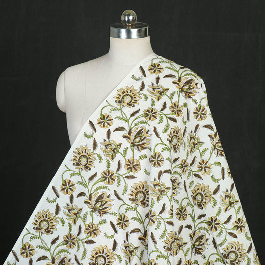 White - Large Yellow Flower Boota Sanganeri Block Printing Cotton Fabric