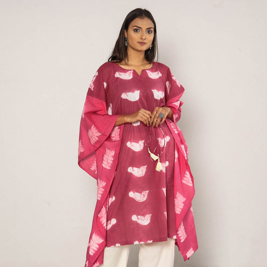 Dark Pink Shibori Tie-Dye Cotton Kaftan Dress (Medium Length)