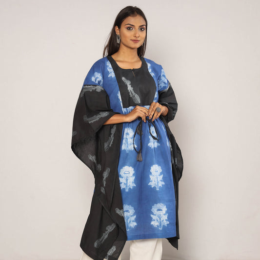 Blue & Black Shibori Tie-Dye Cotton Kaftan Dress (Medium Length)