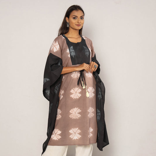 Brown & Black Shibori Tie-Dye Cotton Kaftan Dress (Medium Length)