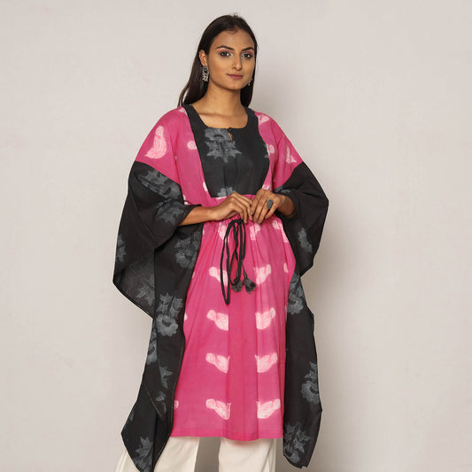 Pink & Black Shibori Tie-Dye Cotton Kaftan Dress (Medium Length)