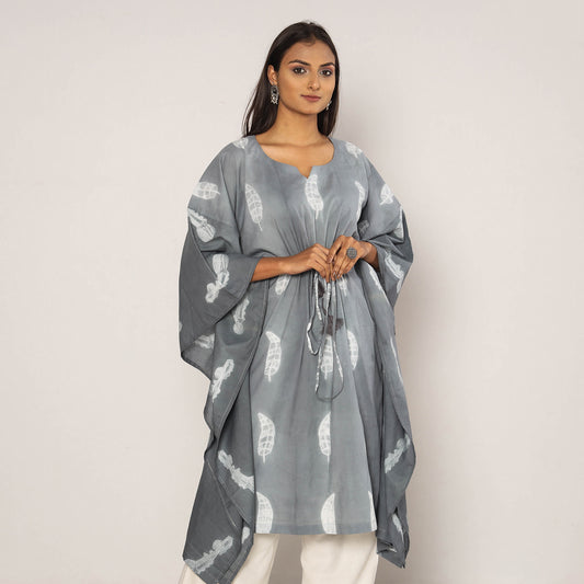 Grey Shibori Tie-Dye Cotton Kaftan Dress (Medium Length)