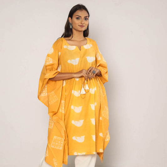 Light Orange Shibori Tie-Dye Cotton Kaftan Dress (Medium Length)