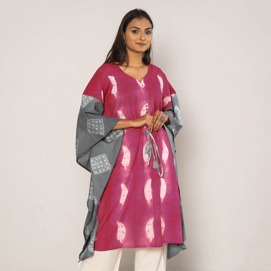 Pink & Grey Shibori Tie-Dye Cotton Kaftan Dress (Medium Length)