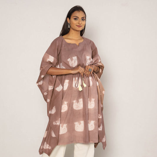 Brown Shibori Tie-Dye Cotton Kaftan Dress (Medium Length)