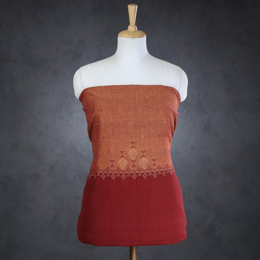 Orange - Kashida Stitch Pure Handloom Cotton Kurti Material - 3 meter