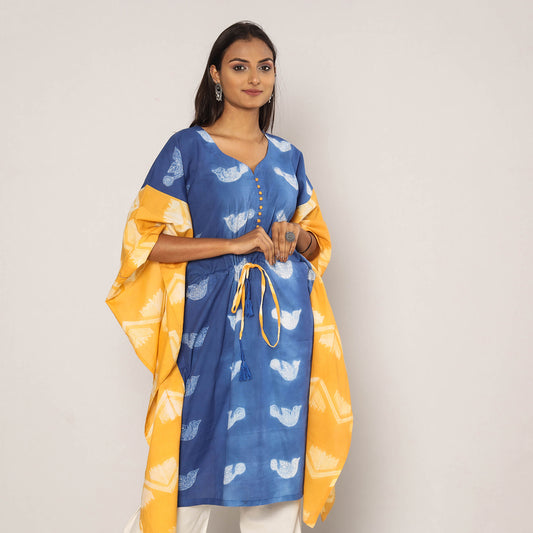 Blue & Yellow Shibori Tie-Dye Cotton Kaftan Dress (Medium Length)
