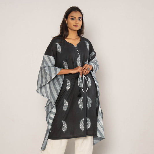 Black & Grey Shibori Tie-Dye Cotton Kaftan Dress (Medium Length)