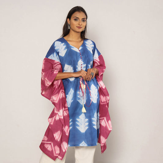 Blue & Pink Shibori Tie-Dye Cotton Kaftan Dress (Medium Length)