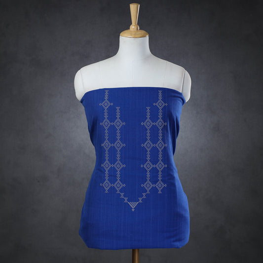 Blue - Kashida Stitch Pure Handloom Cotton Kurti Material - 3.4 meter
