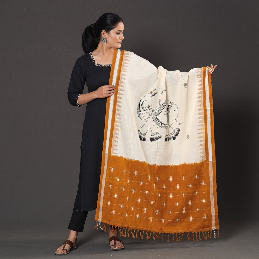 White - Handpainted Cotton Ikat Dupatta by Varushali