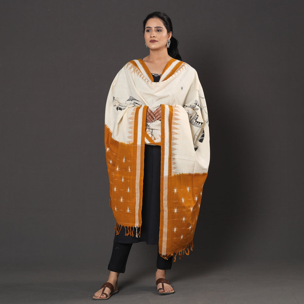 White - Handpainted Cotton Ikat Dupatta by Varushali