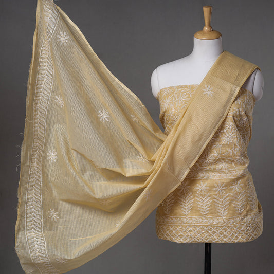 Beige - 2pc Lucknow Chikankari Hand Embroidery Kota Doria Cotton Suit Material Set