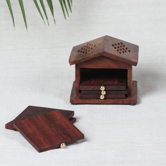 Coaster with Hut Stand (Set of 6) - Handcrafted with Sheesham Wood