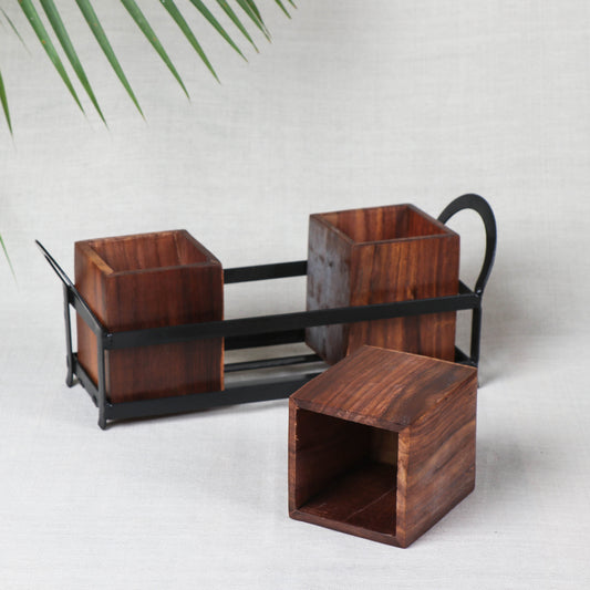 Cutlery Holder Stand - Handcrafted with Sheesham Wood & Wrought Iron Stand