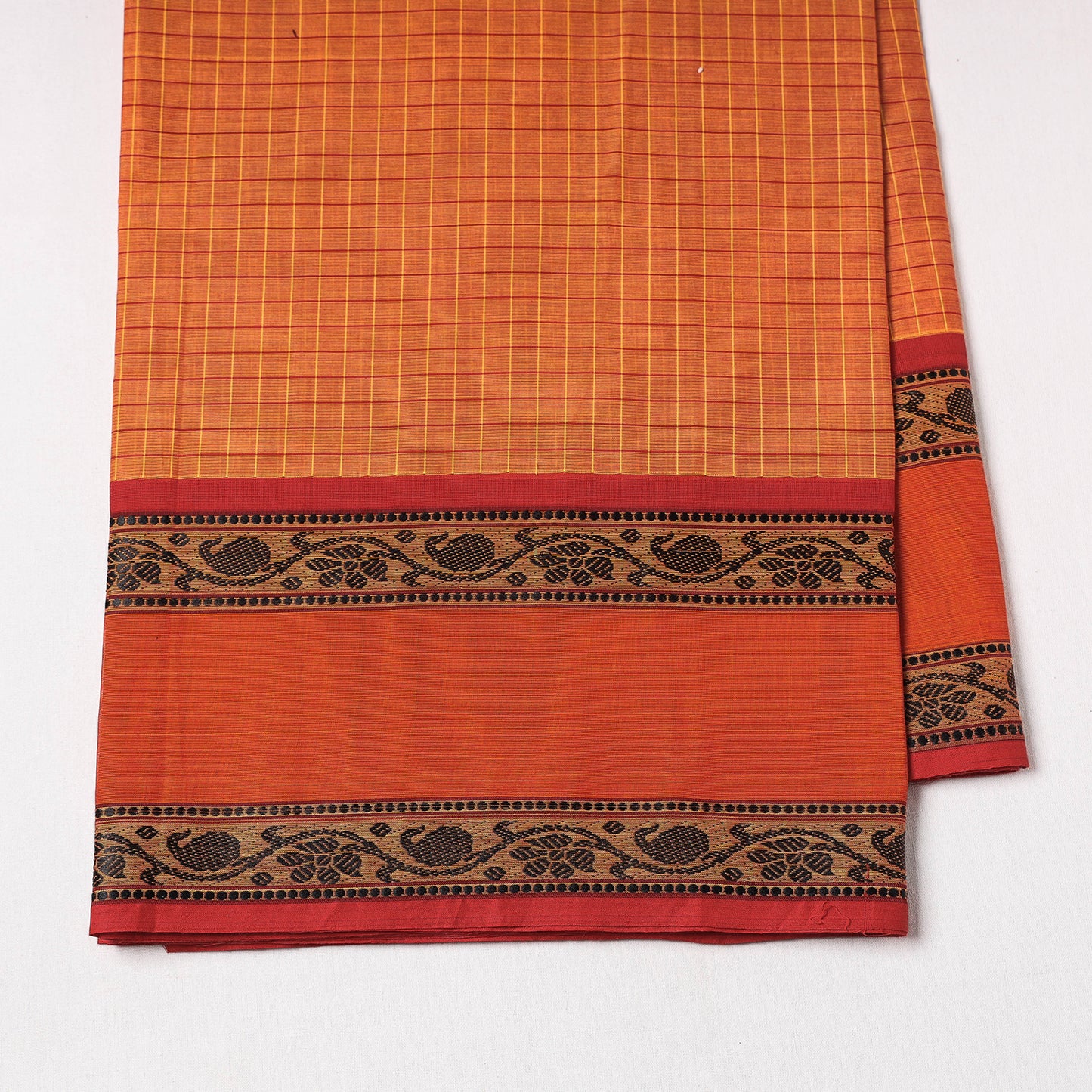 Orange - Kanchipuram Checks Cotton Fabric with Thread Border