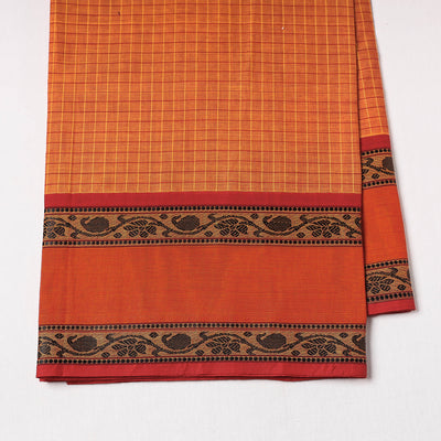 Orange - Kanchipuram Checks Cotton Fabric with Thread Border