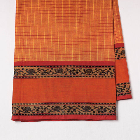 Orange - Kanchipuram Checks Cotton Fabric with Thread Border