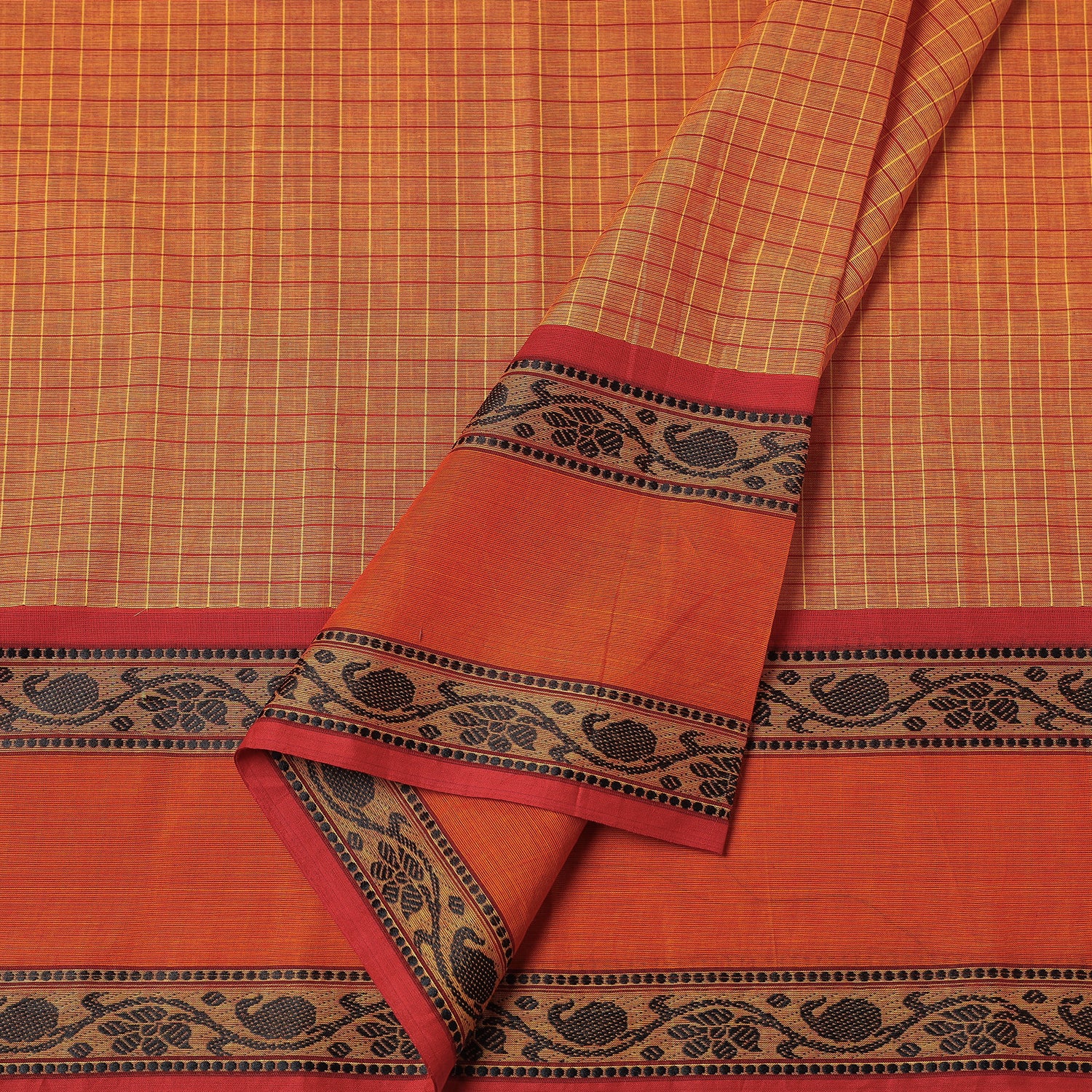 Orange - Kanchipuram Checks Cotton Fabric with Thread Border