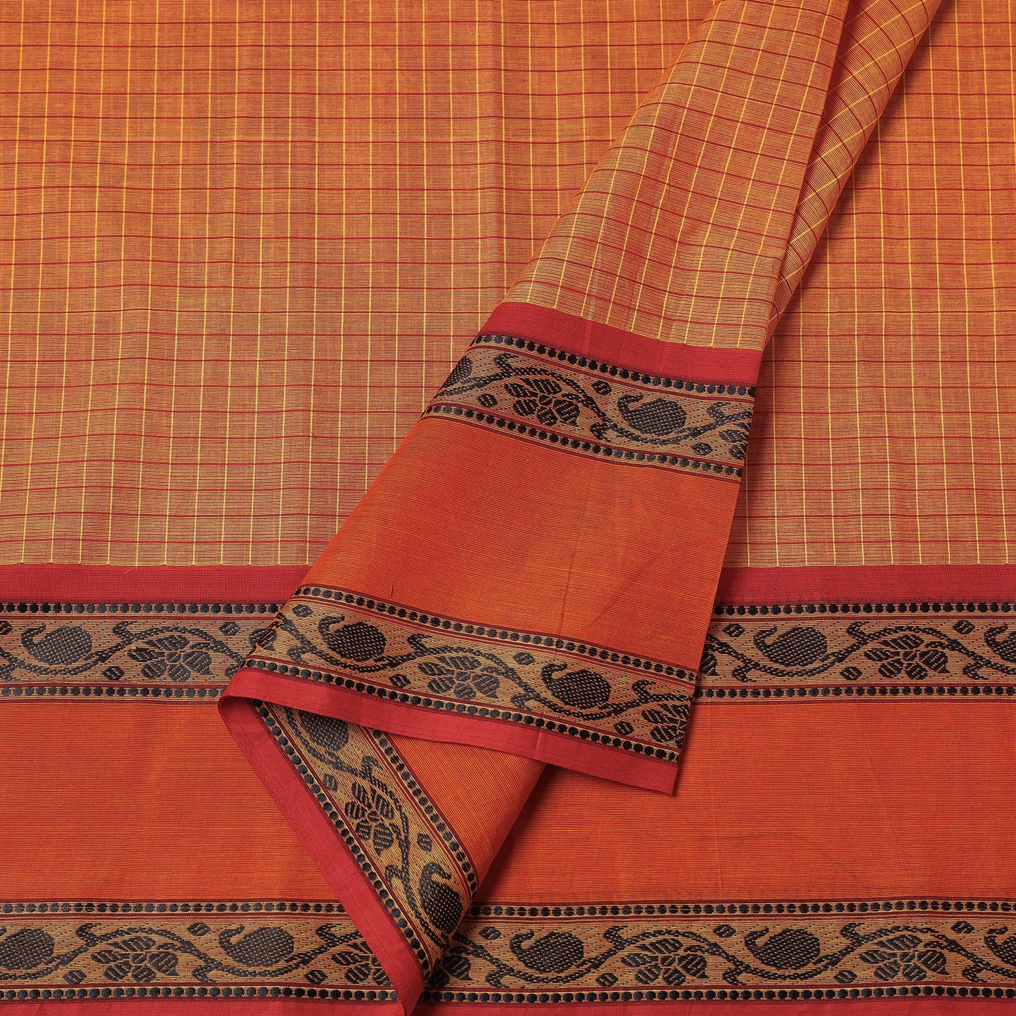 Orange - Kanchipuram Checks Cotton Fabric with Thread Border
