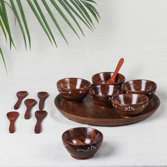 Tray, Bowl & Spoon Set (Set of 6) - Handcrafted with Sheesham Wood