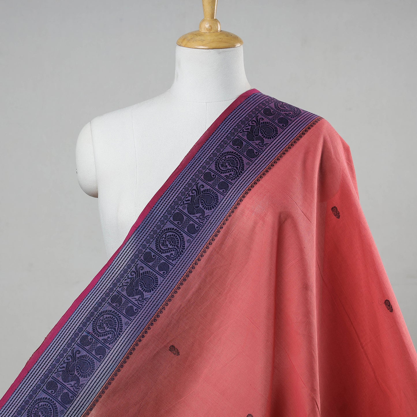 Peach - Kanchipuram Cotton Buti Fabric with Thread Border