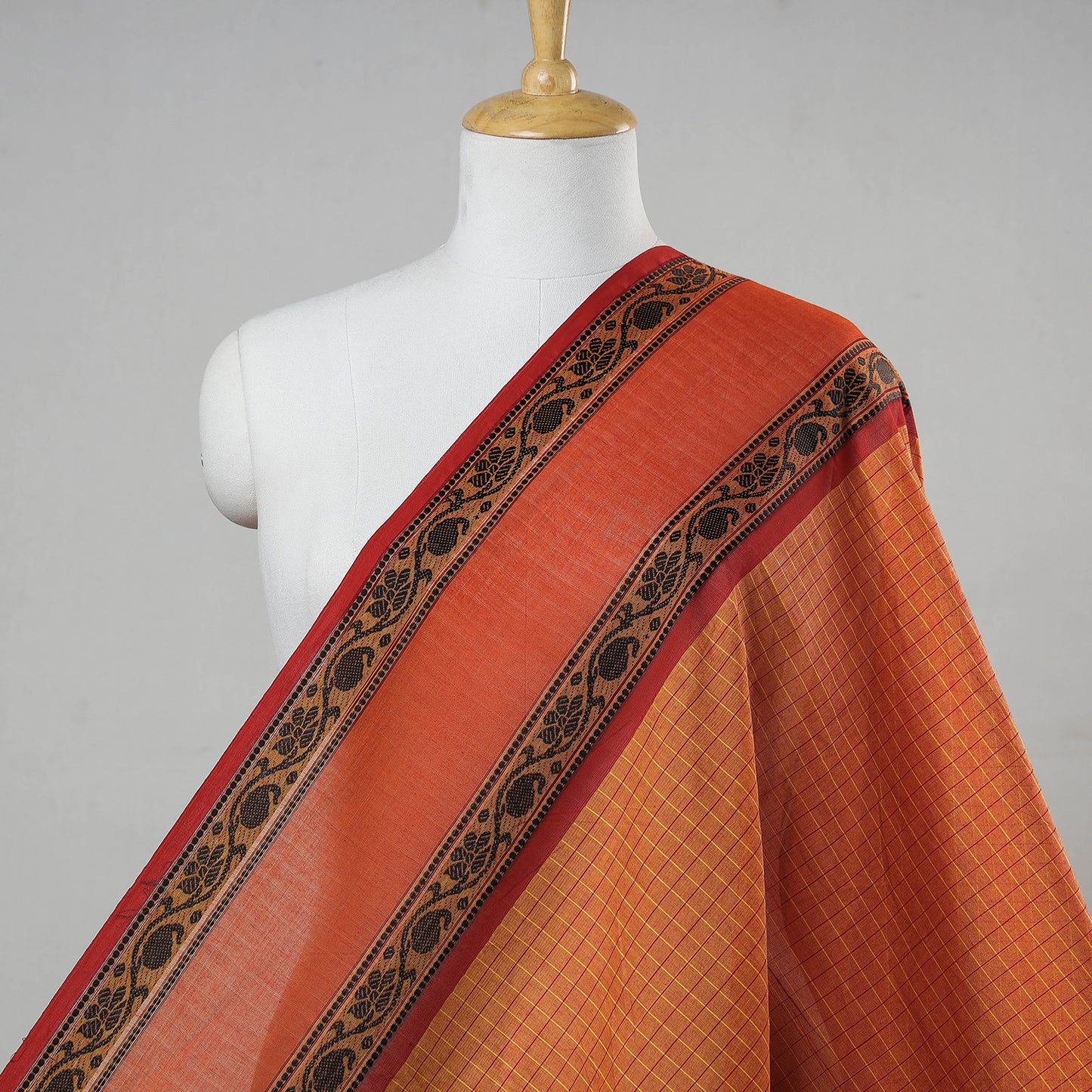 Orange - Kanchipuram Checks Cotton Fabric with Thread Border