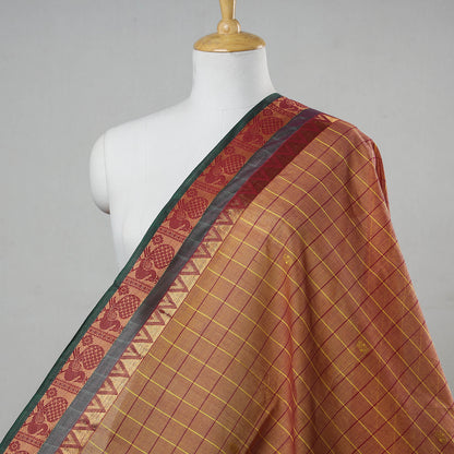Orange - Kanchipuram Checks Cotton Buti Fabric with Thread Border
