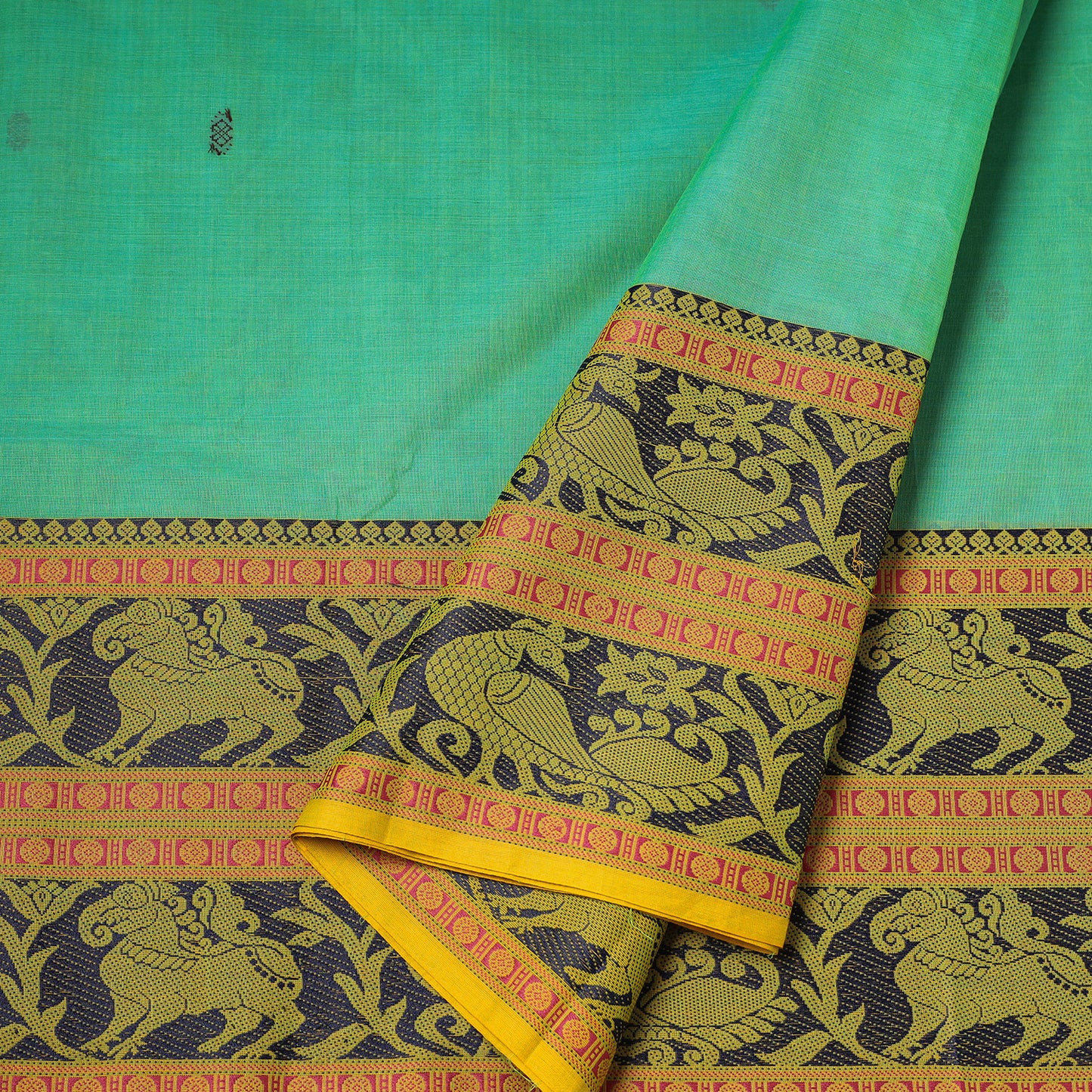 Green - Kanchipuram Cotton Buti Fabric with Thread Border