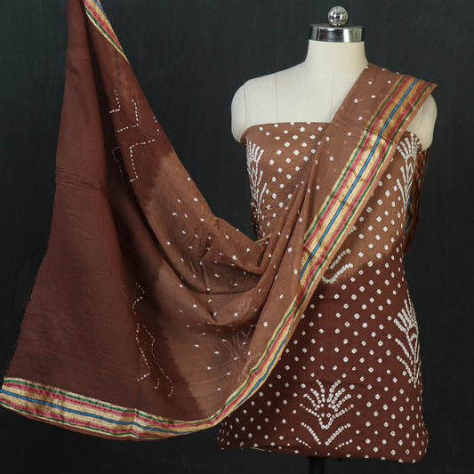 Brown - Kutchi Bandhani Cotton 3pc Suit Material Set