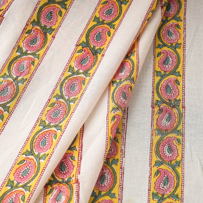Yellow Paisley Border Sanganeri Block Printing Cotton Fabric