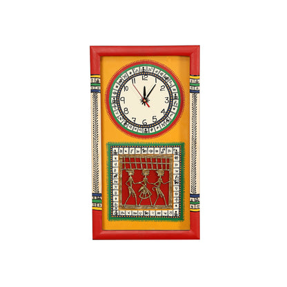 Wall Clock Handcrafted Warli/Dhokra Art Yellow Dial with Glass Frame (10x18)