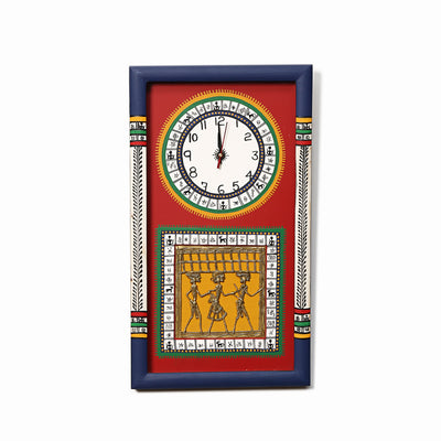 Wall Clock Handcrafted Warli/Dhokra Art Red Dial with Glass Frame (10x18)