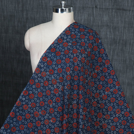 Blue - Red Circle Flower Ajrakh Natural Dyed Hand Block Prints Cotton Fabric