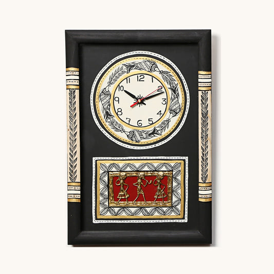 Wall Clock Handcrafted Warli/Dhokra Art Blk Dial with Glass Frame (10×15)