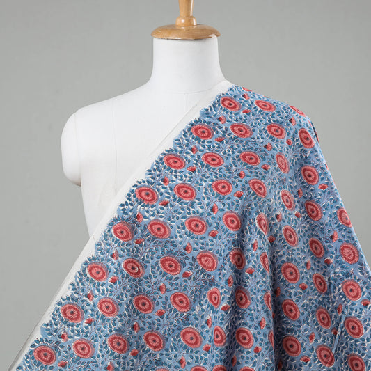 Blue - Red Circular Floral Motifs Sanganeri Block Printing Cotton Fabric