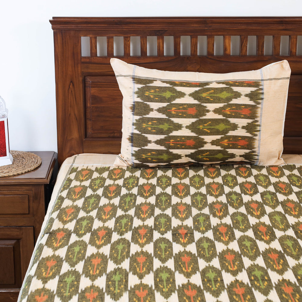 Green - Pochampally Ikat Weave Cotton Double Bedcover with Pillow Covers (105 x 90 in)