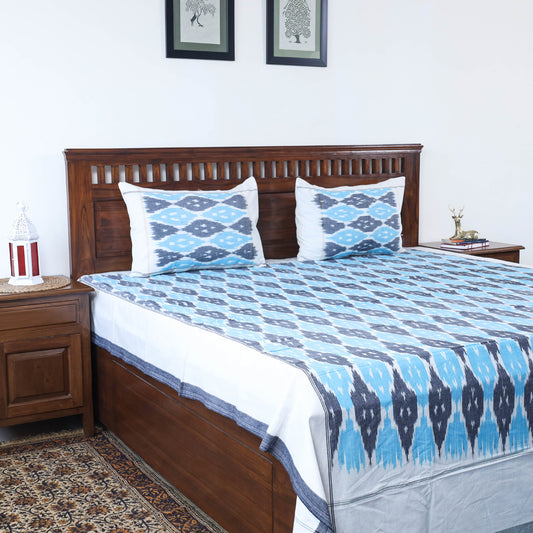 Blue - Pochampally Ikat Weave Cotton Double Bedcover with Pillow Covers (105 x 90 in)