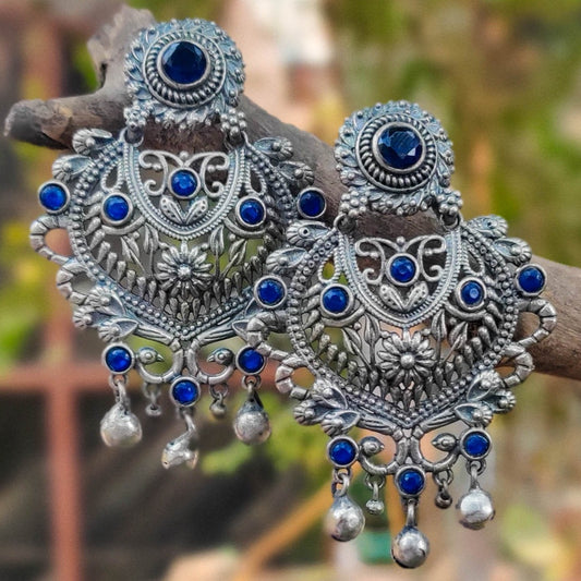 Special Oxidised Brass Base Antique Silver Finish Stone Jhumki Earrings