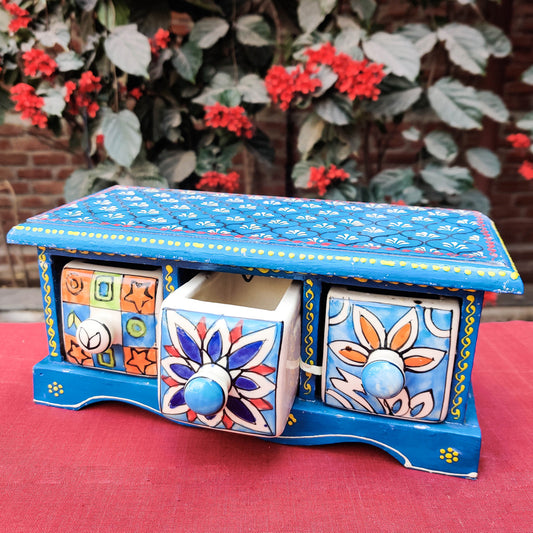 Neem Wood Hand Painted Blue Pottery Ceramic Triple Drawer